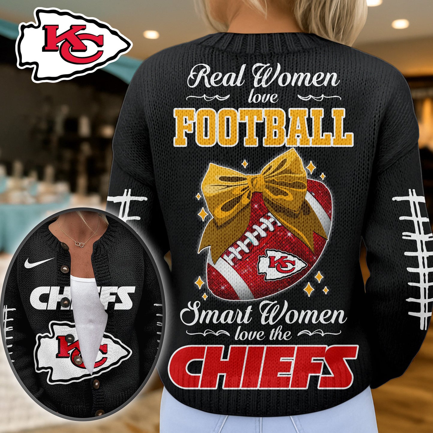 Premium NFL X KC Smart Woman Love Football Cozy Split Knit Cardigan NDT NHM