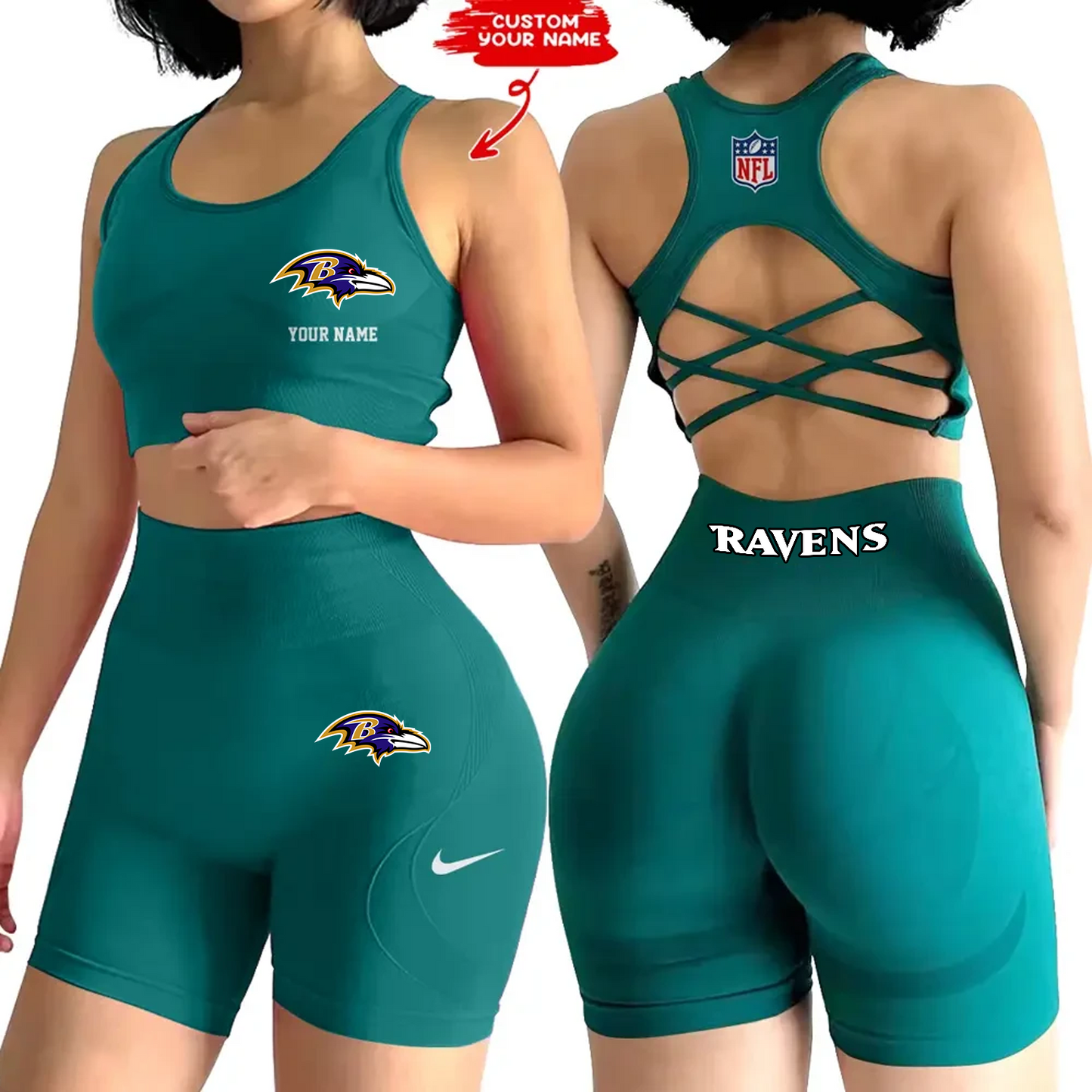 BAL x NFL 2-PCS Women's Seamless Yoga Set Sexy Sport Bra High Waist Sports Shorts DATND TANTD