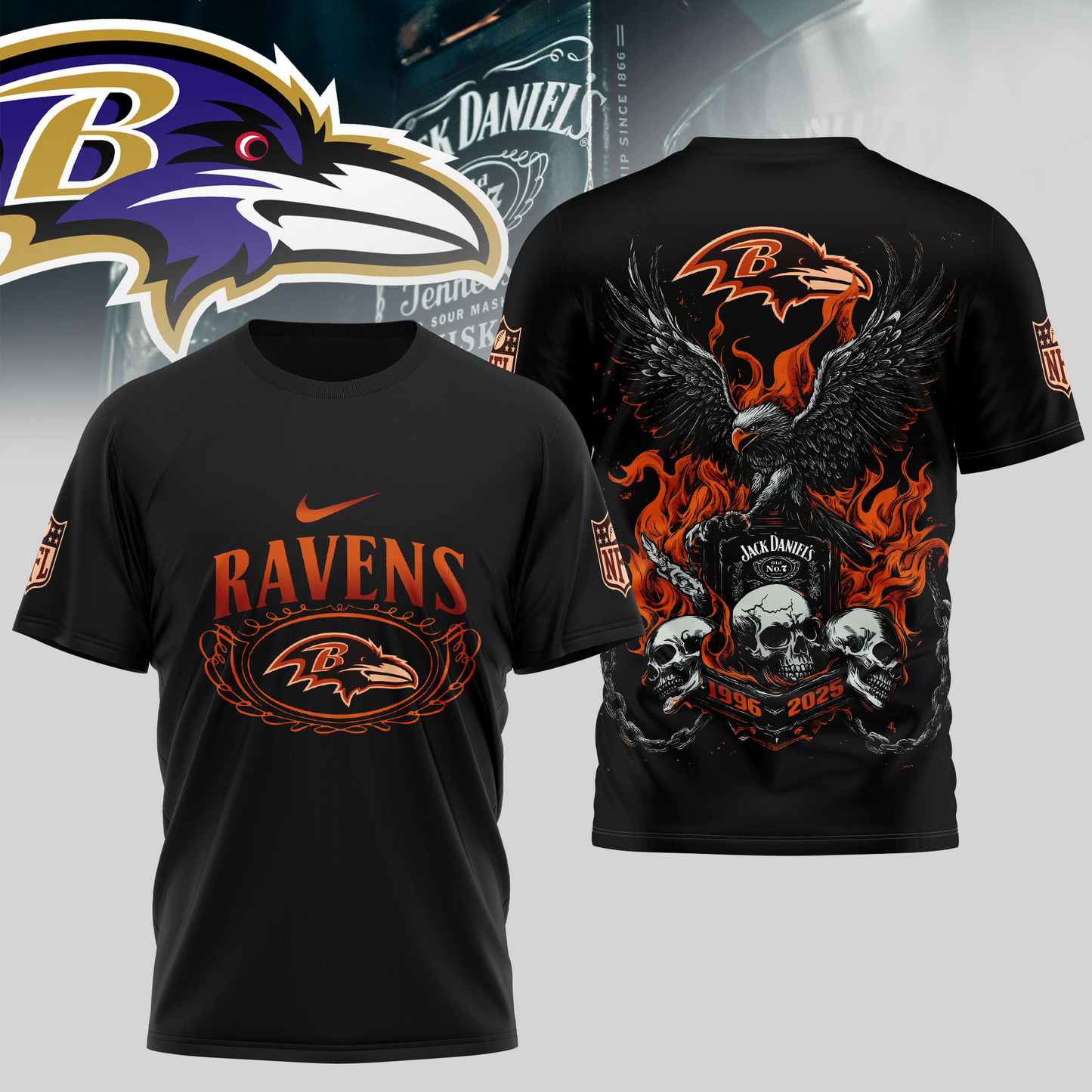 BR Premium NFL Flaming Eagle Skull T-Shirt DDT CTND