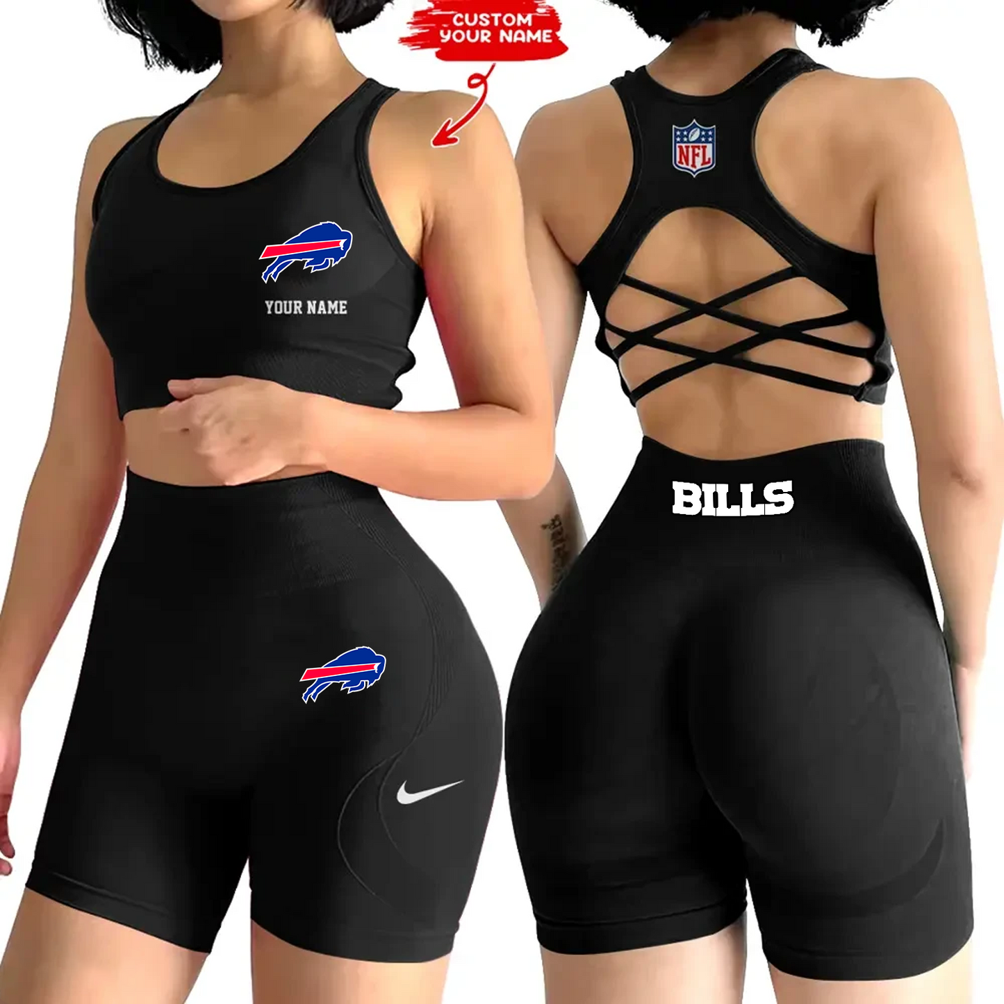 BUF x NFL 2-PCS Women's Seamless Yoga Set Sexy Sport Bra High Waist Sports Shorts DATND TANTD