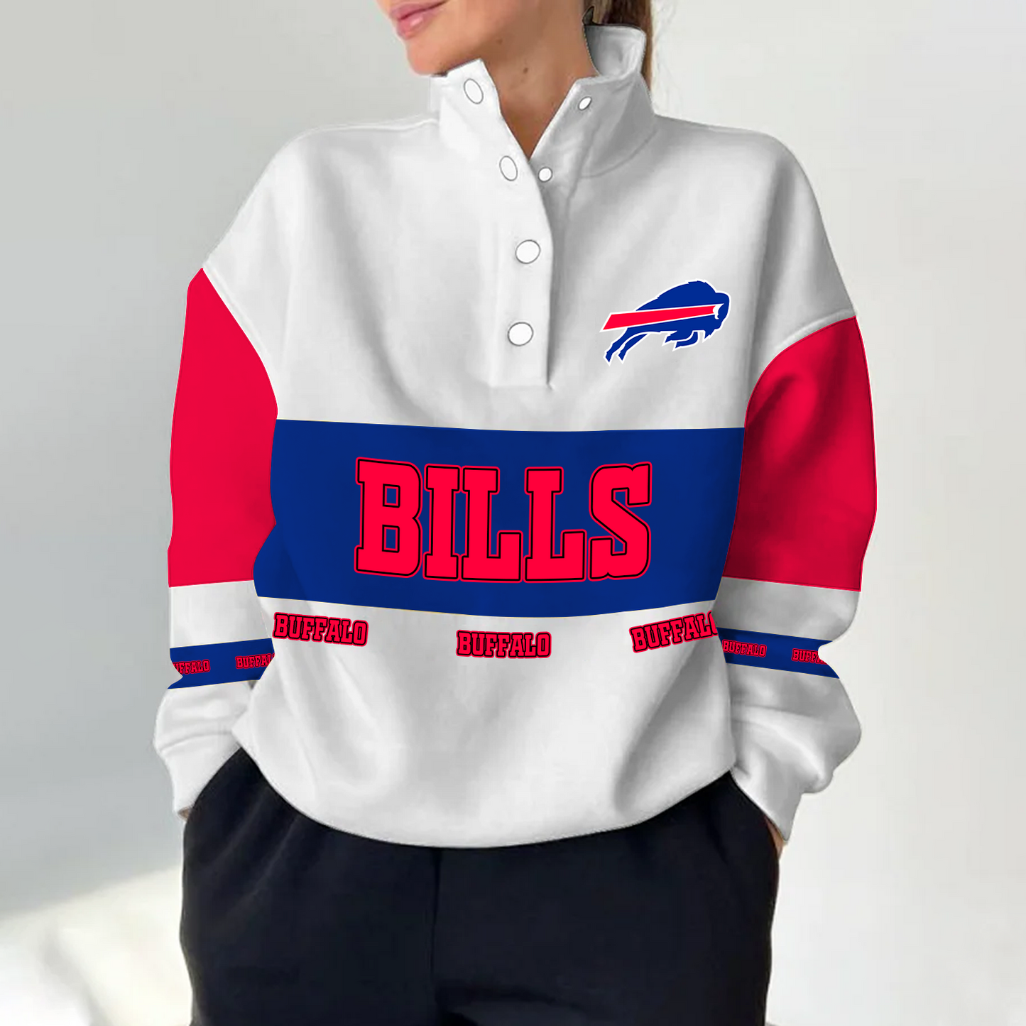 BUF x NFL Women's Retro Casual Snap Mockneck Pullover DATND TANTD