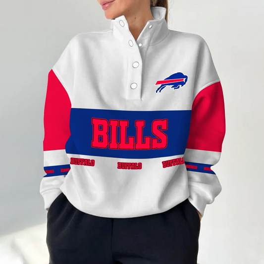 BUF x NFL Women's Retro Casual Snap Mockneck Pullover DATND TANTD