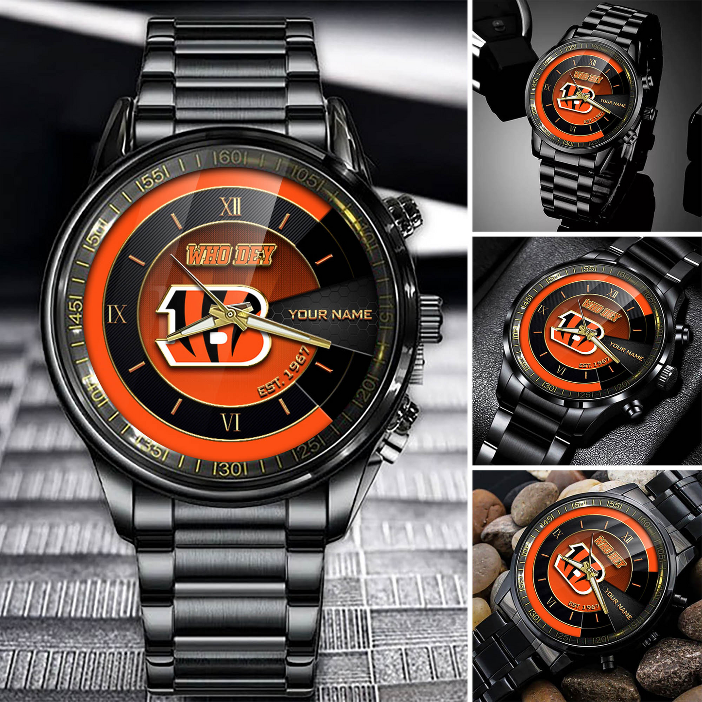 Customize Your Name CIN x NFL Black Fashion Watch Fan Gifts DDT CTND