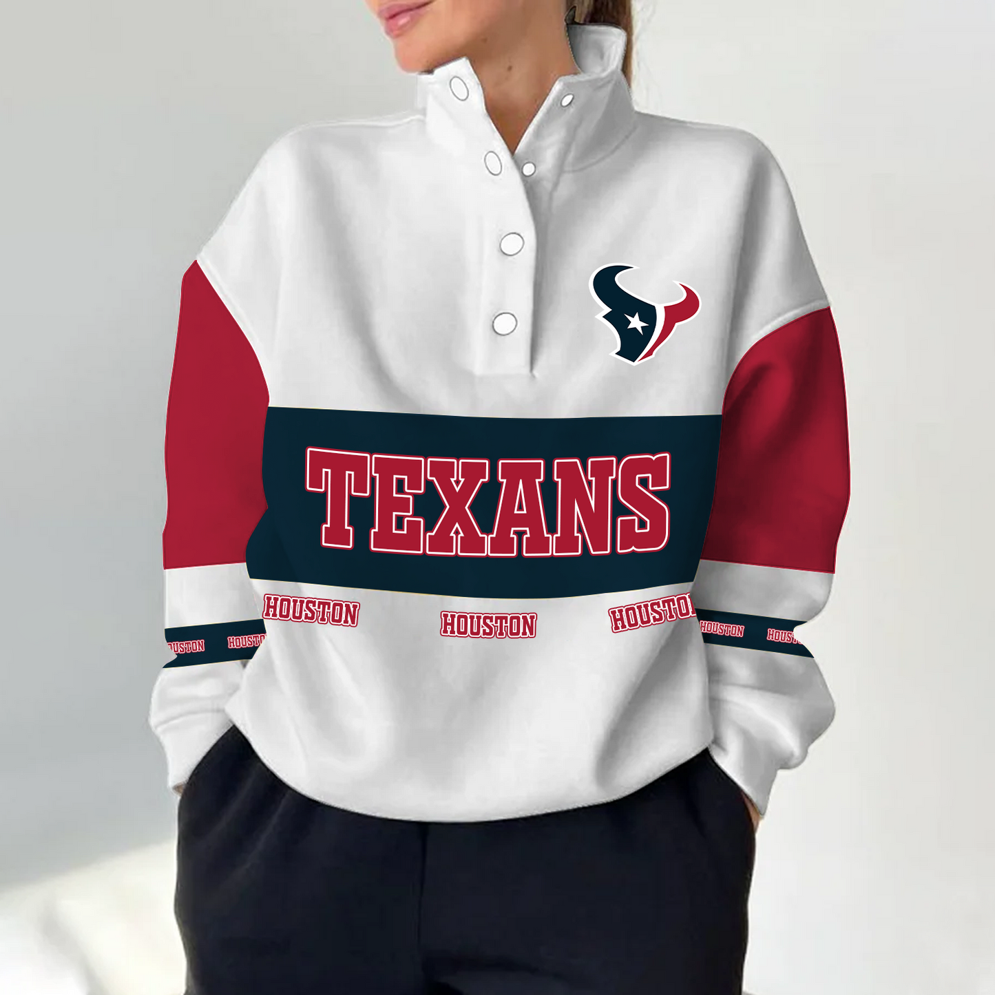 HOU x NFL Women's Retro Casual Snap Mockneck Pullover DATND TANTD