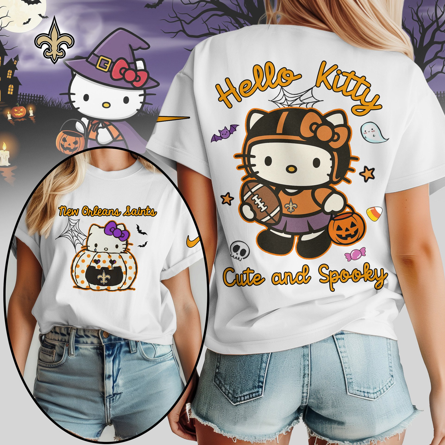 NOS Premium NFL Hello Kitty Cute & Spooky Halloween Women Shirt DDT CTND