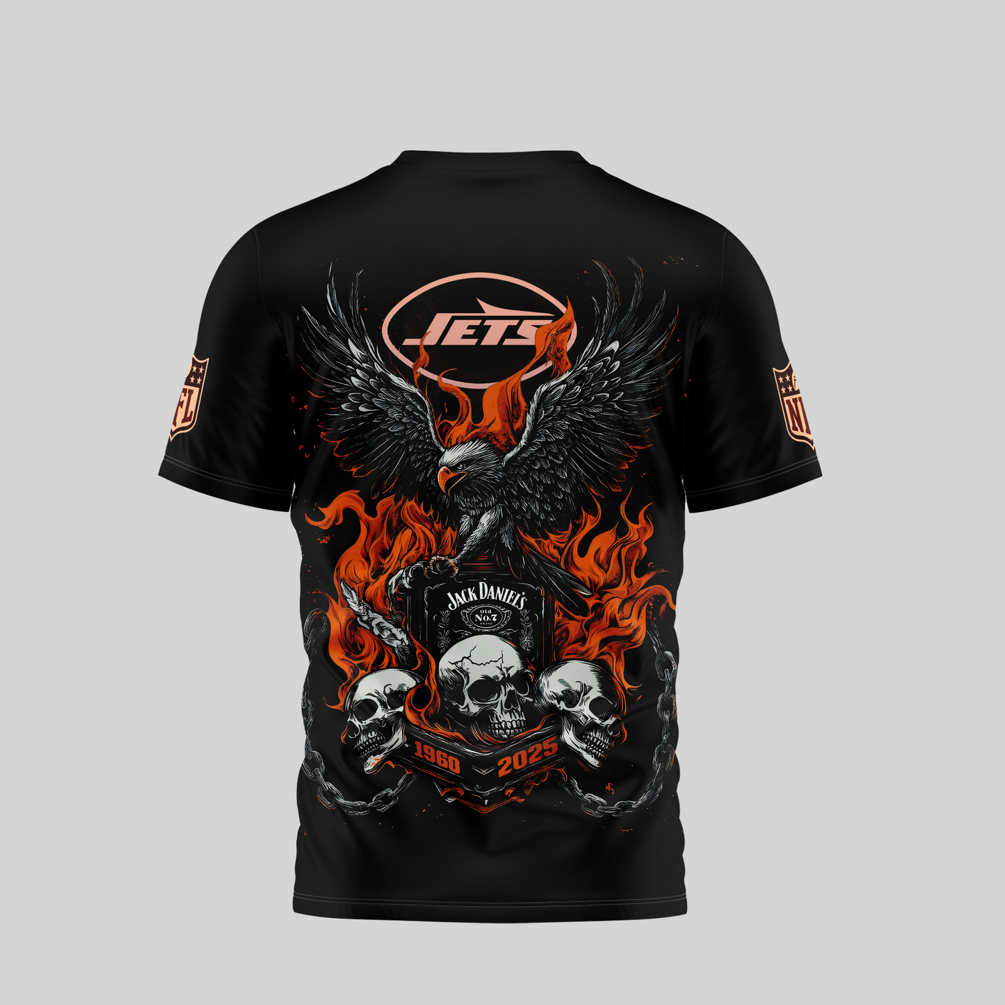 NYJ Premium NFL Flaming Eagle Skull T-Shirt DDT CTND