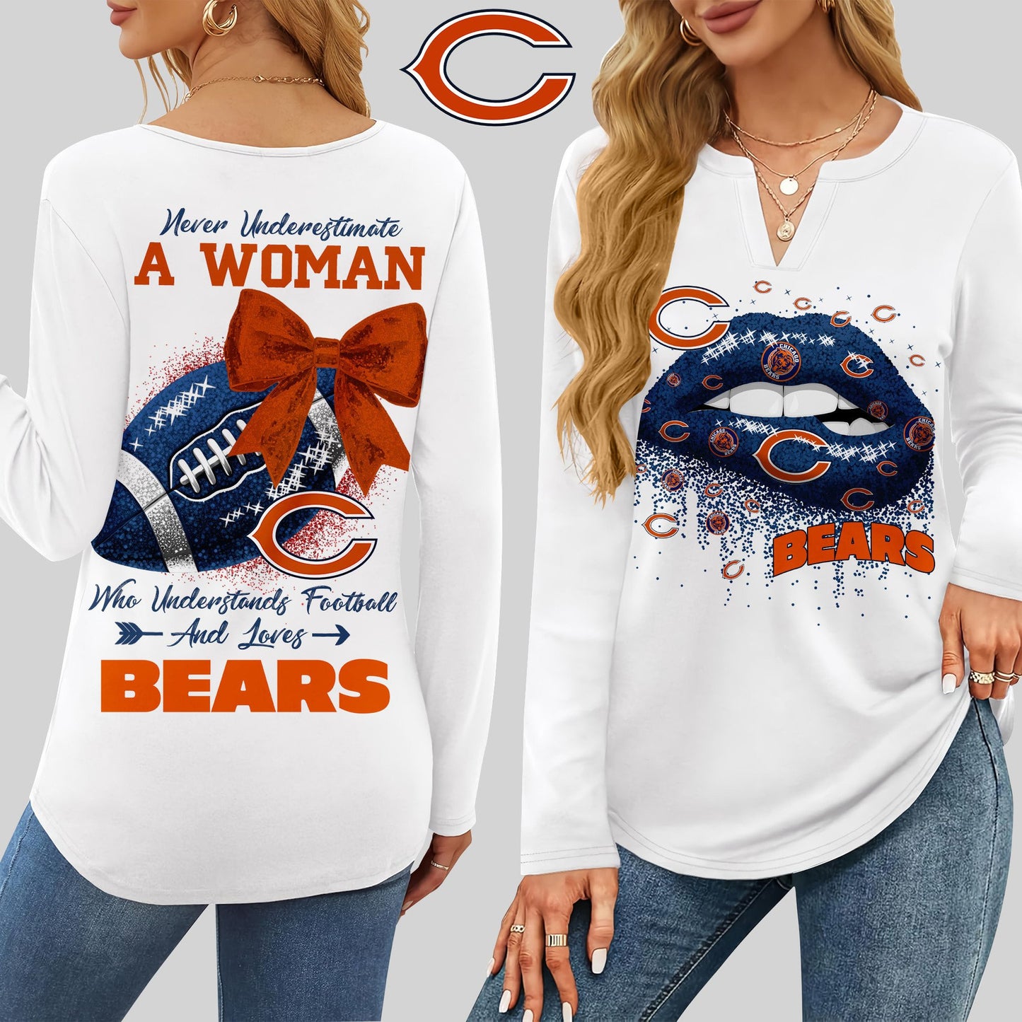 Premium NFL CHI X V-neck Long Sleeve Shirt NDT NHM