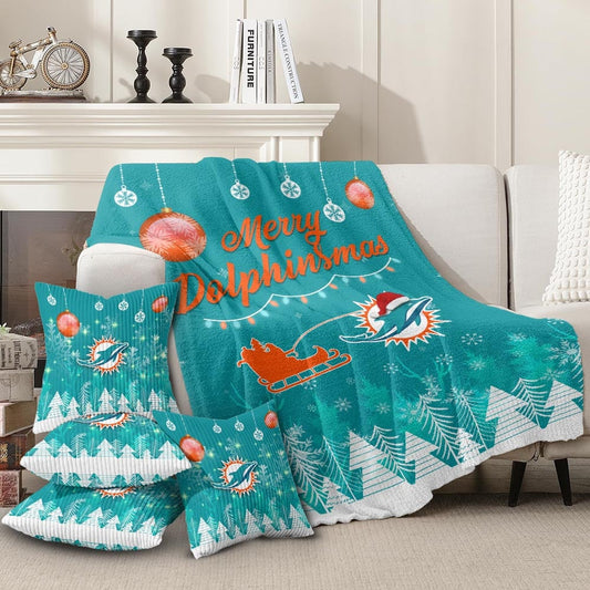 Premium NFL MIA Christmas Fleece Blanket & Throw Pillow Combo V1 NMD NHM