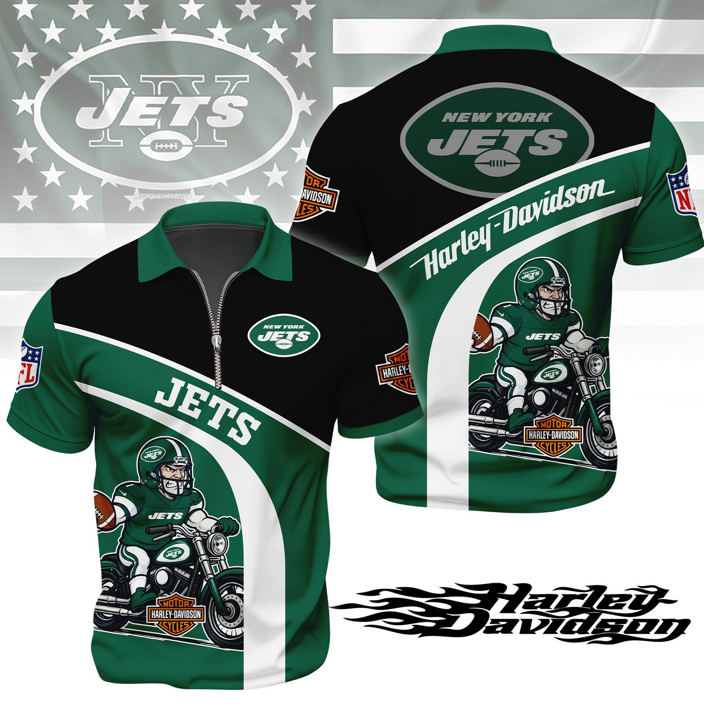 Premium NFL NYJ x Harley-Davidson Polo Zipper Shirt V1 NMD TTV