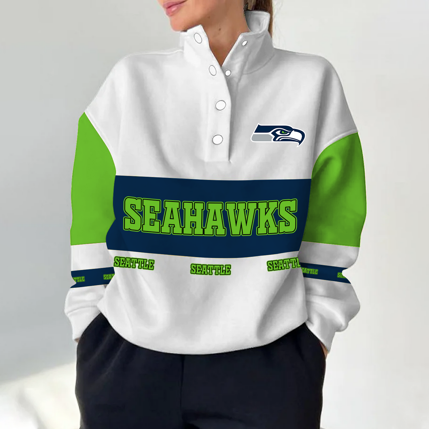 SEA x NFL Women's Retro Casual Snap Mockneck Pullover DATND TANTD
