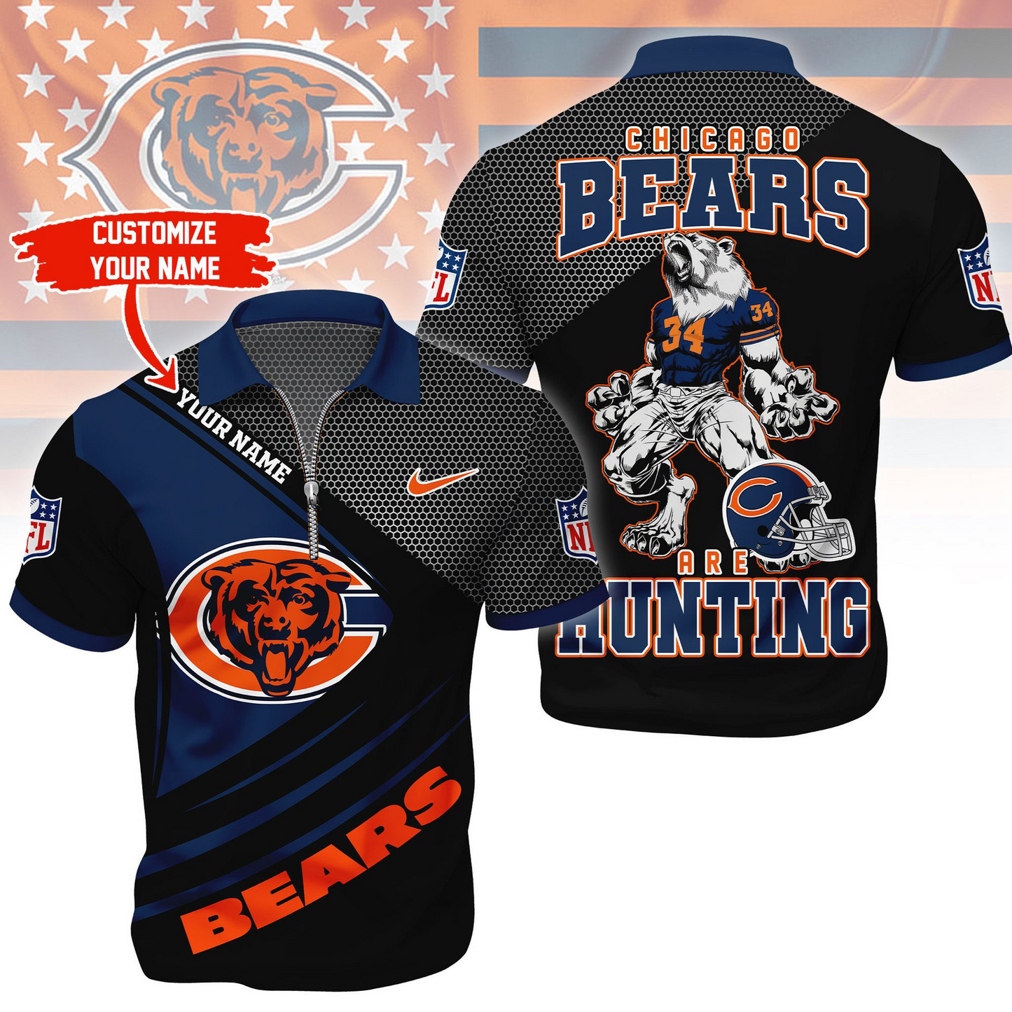 CHI Premium NFL Game Day Polo With Zipper Shirt DDT NTL