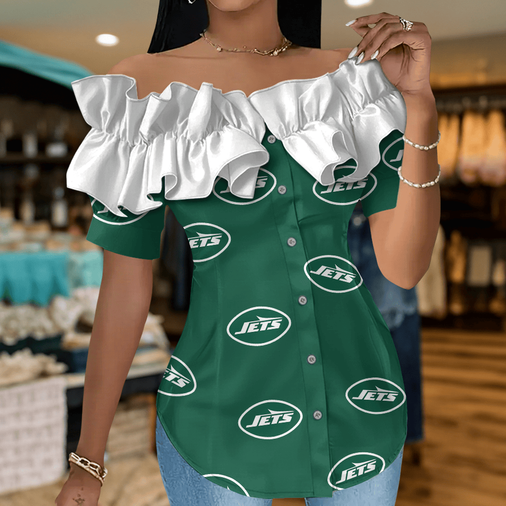 NYJ Premium NFL Women Ruffle Off-Shoulder Blouse DDT CTND