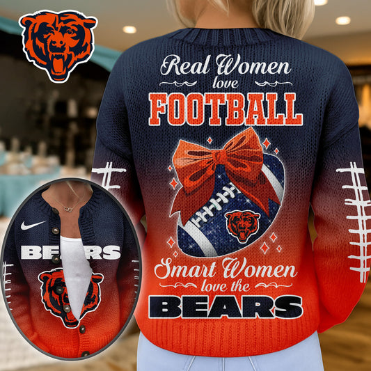 Premium NFL X CHI Smart Woman Love Football Cozy Split Knit Cardigan NDT NHM