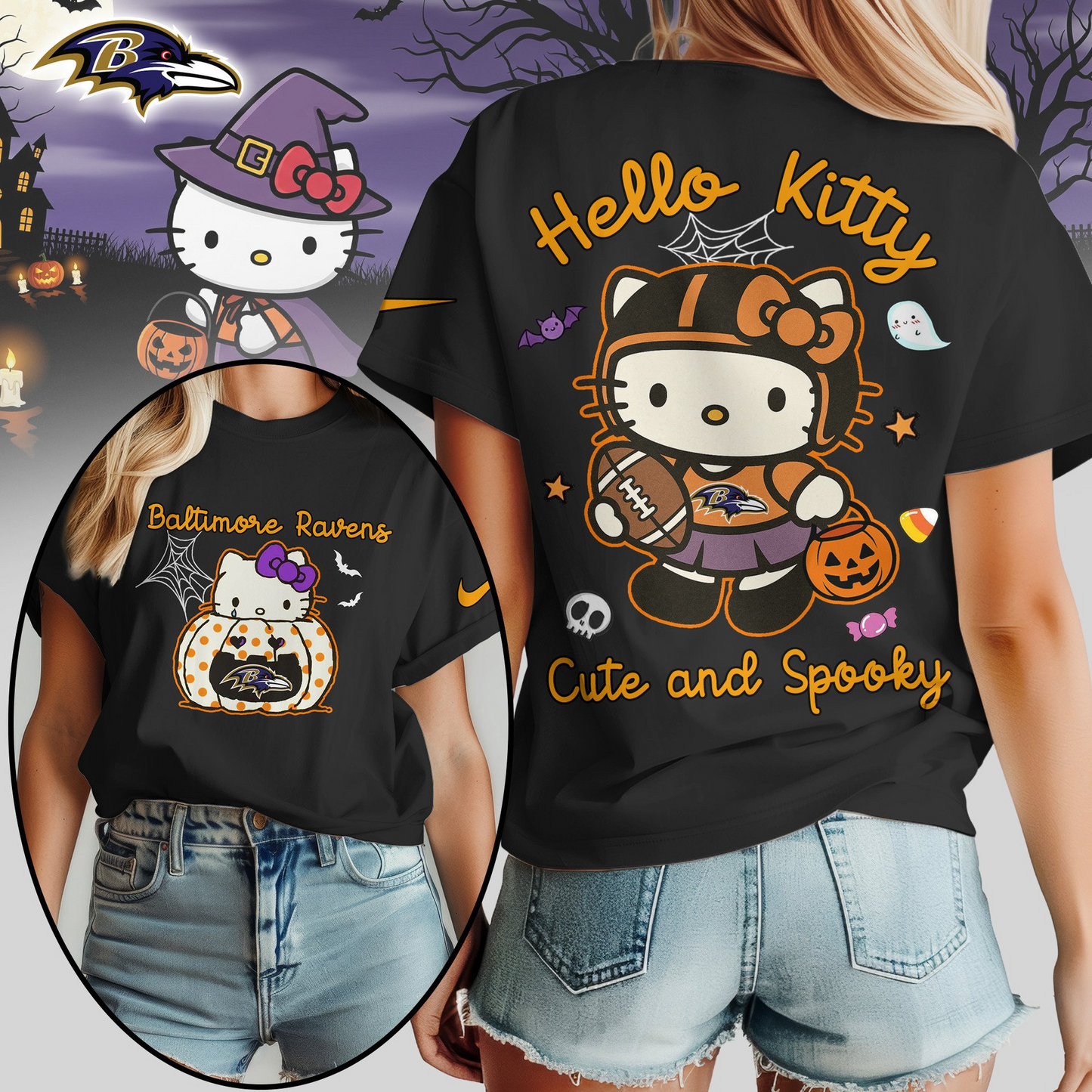 BR Premium NFL Hello Kitty Cute & Spooky Halloween Women Shirt DDT CTND