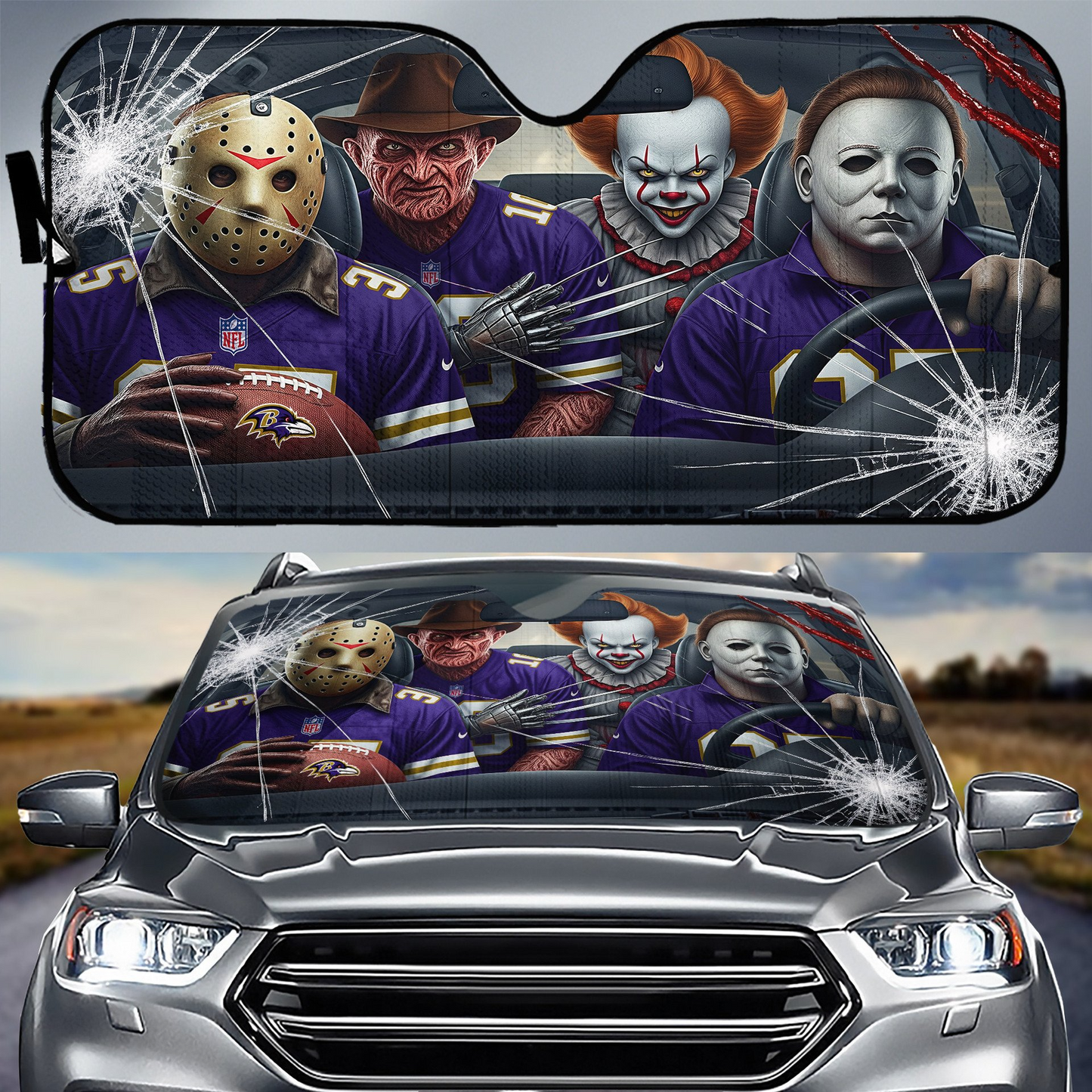BR x NFL Horror Car Sunshade For Fan DDT CTND