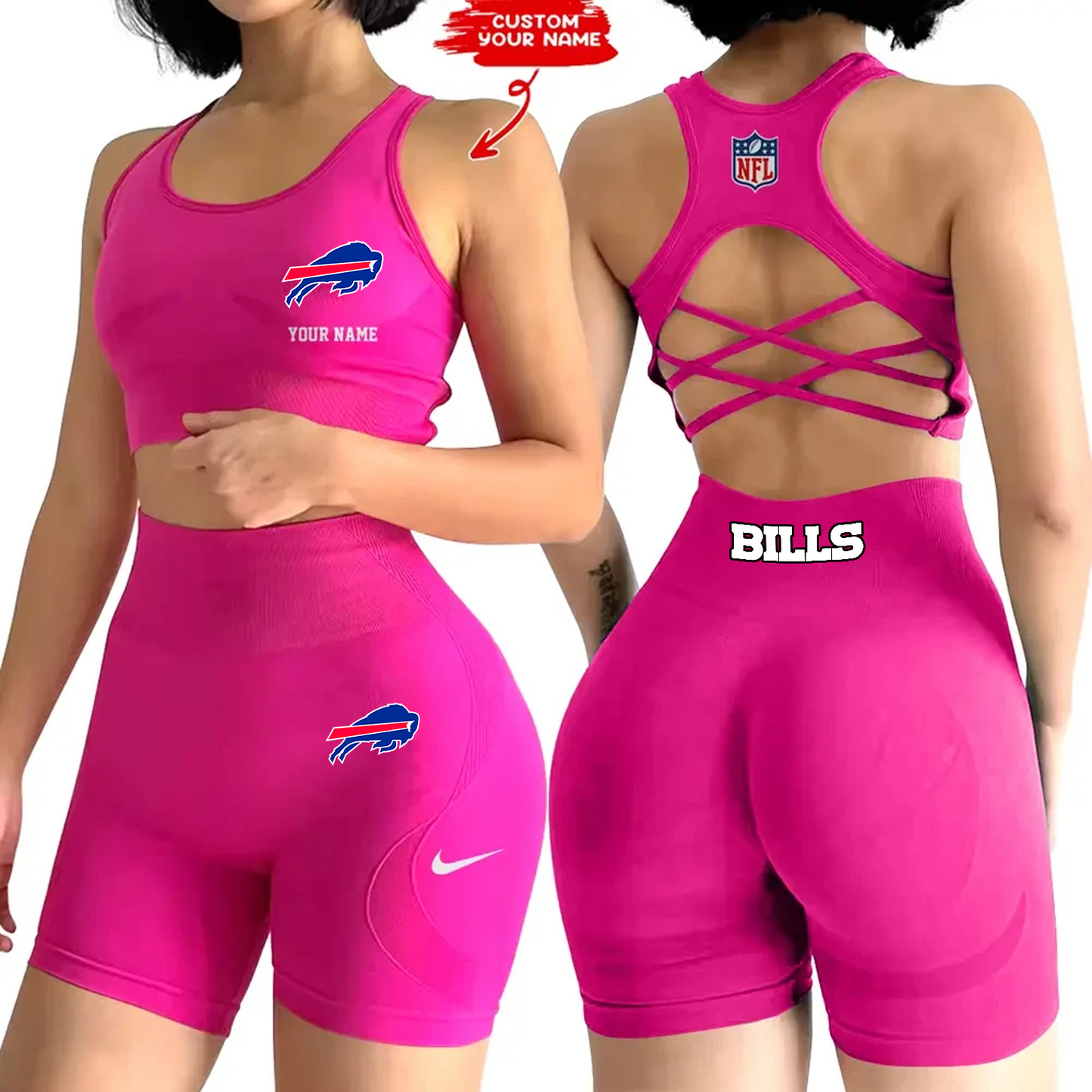 BUF x NFL 2-PCS Women's Seamless Yoga Set Sexy Sport Bra High Waist Sports Shorts DATND TANTD