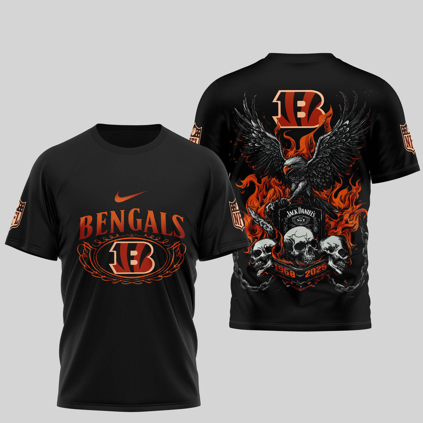 CIN Premium NFL Flaming Eagle Skull T-Shirt DDT CTND
