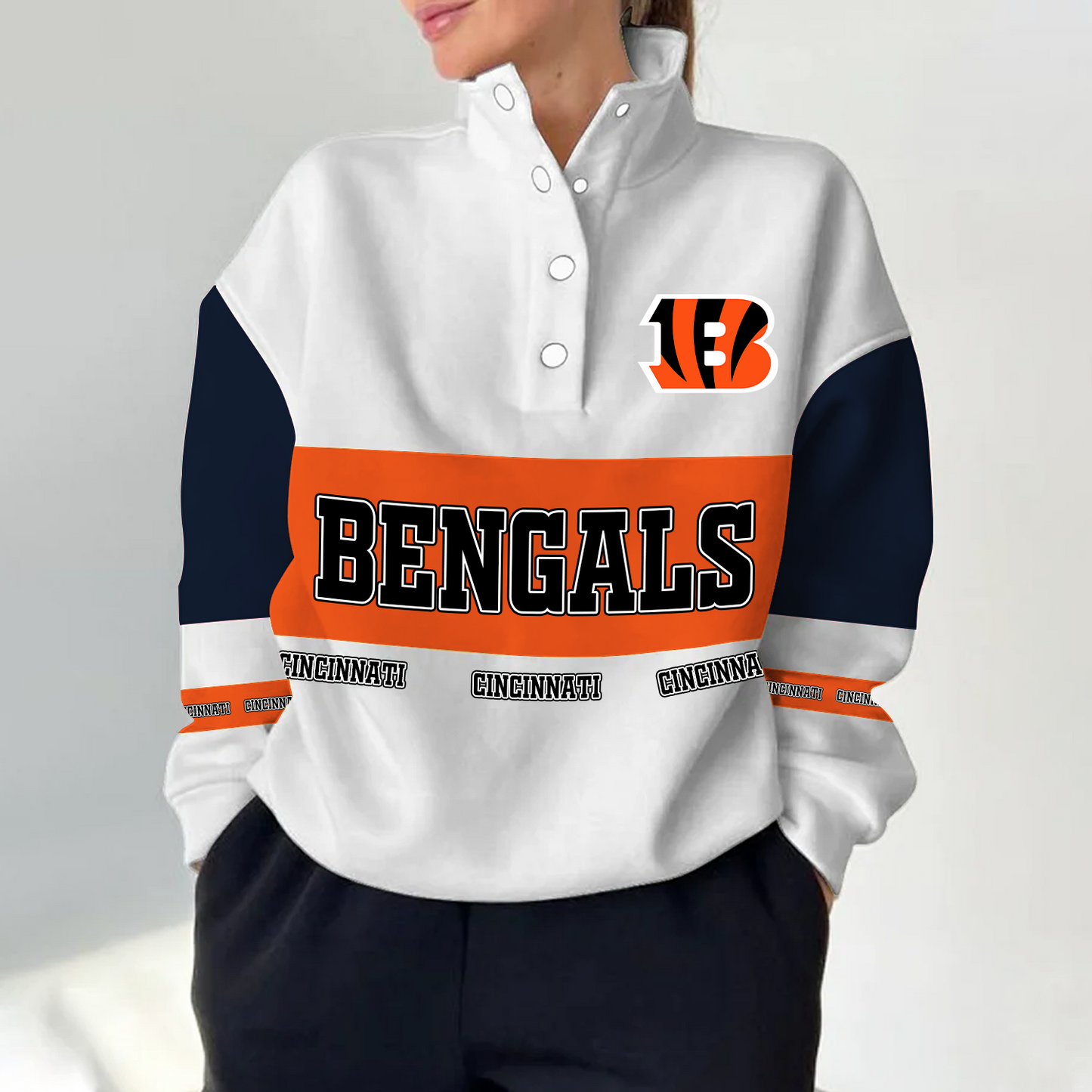 CIN x NFL Women's Retro Casual Snap Mockneck Pullover DATND TANTD