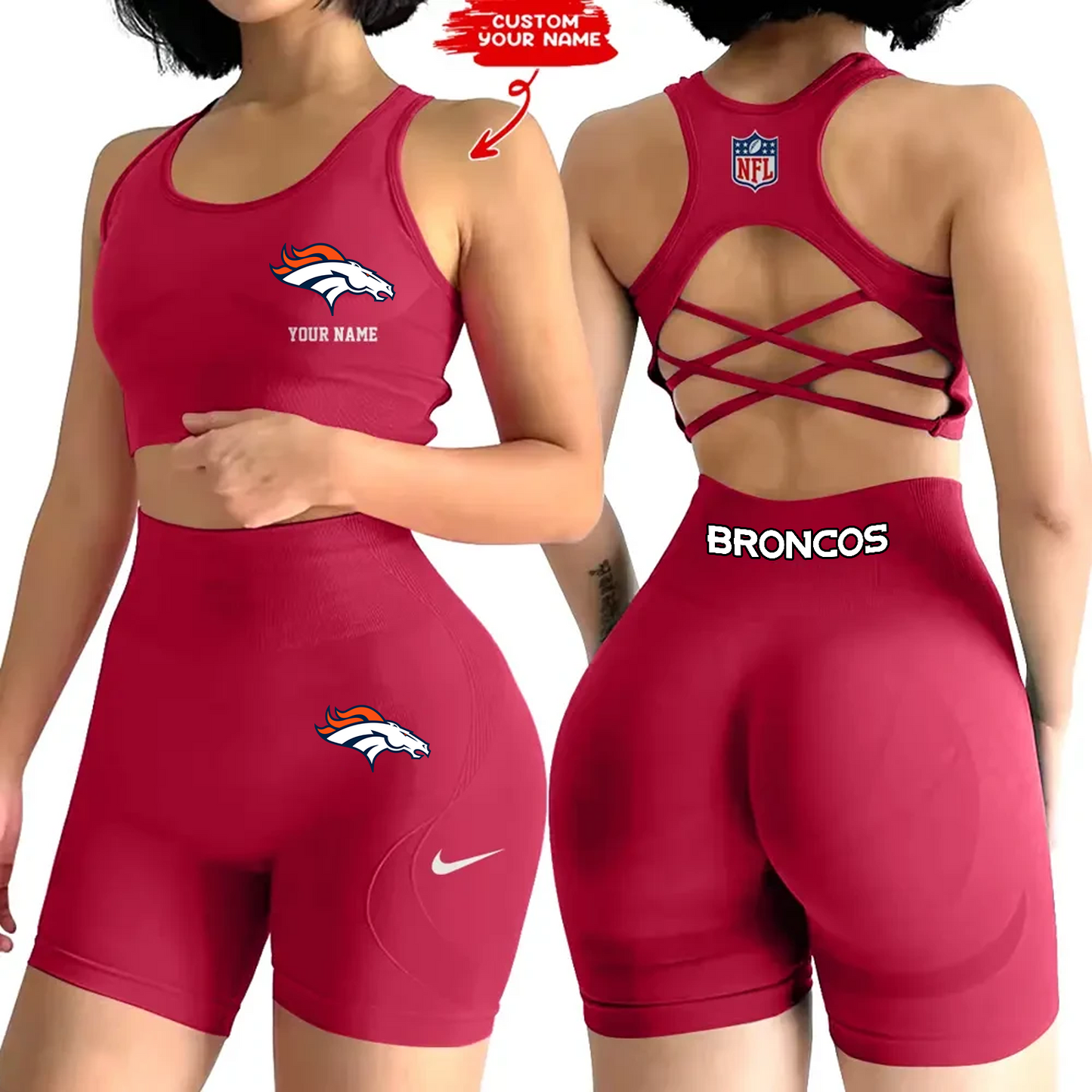 DEN x NFL 2-PCS Women's Seamless Yoga Set Sexy Sport Bra High Waist Sports Shorts DATND TANTD
