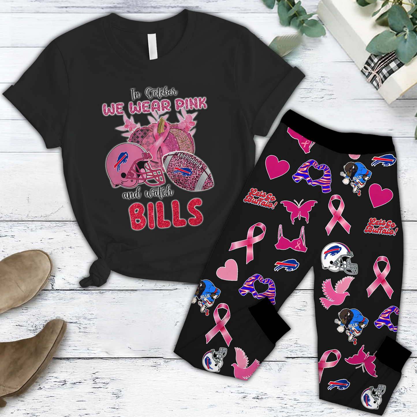 In October We Wear Pink And Watch BUF NFL Pajamas Set DatND DVT