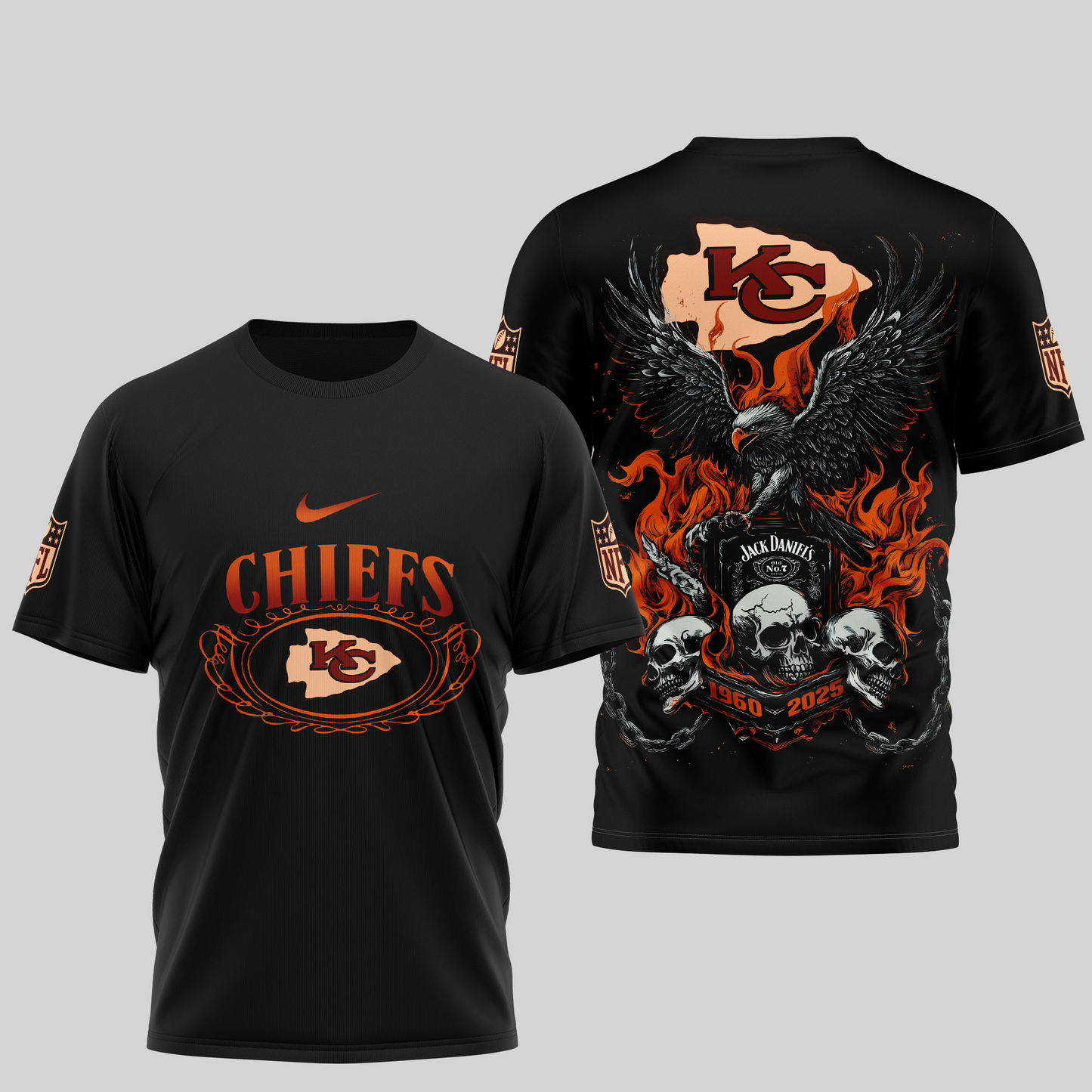 KCC Premium NFL Flaming Eagle Skull T-Shirt DDT CTND