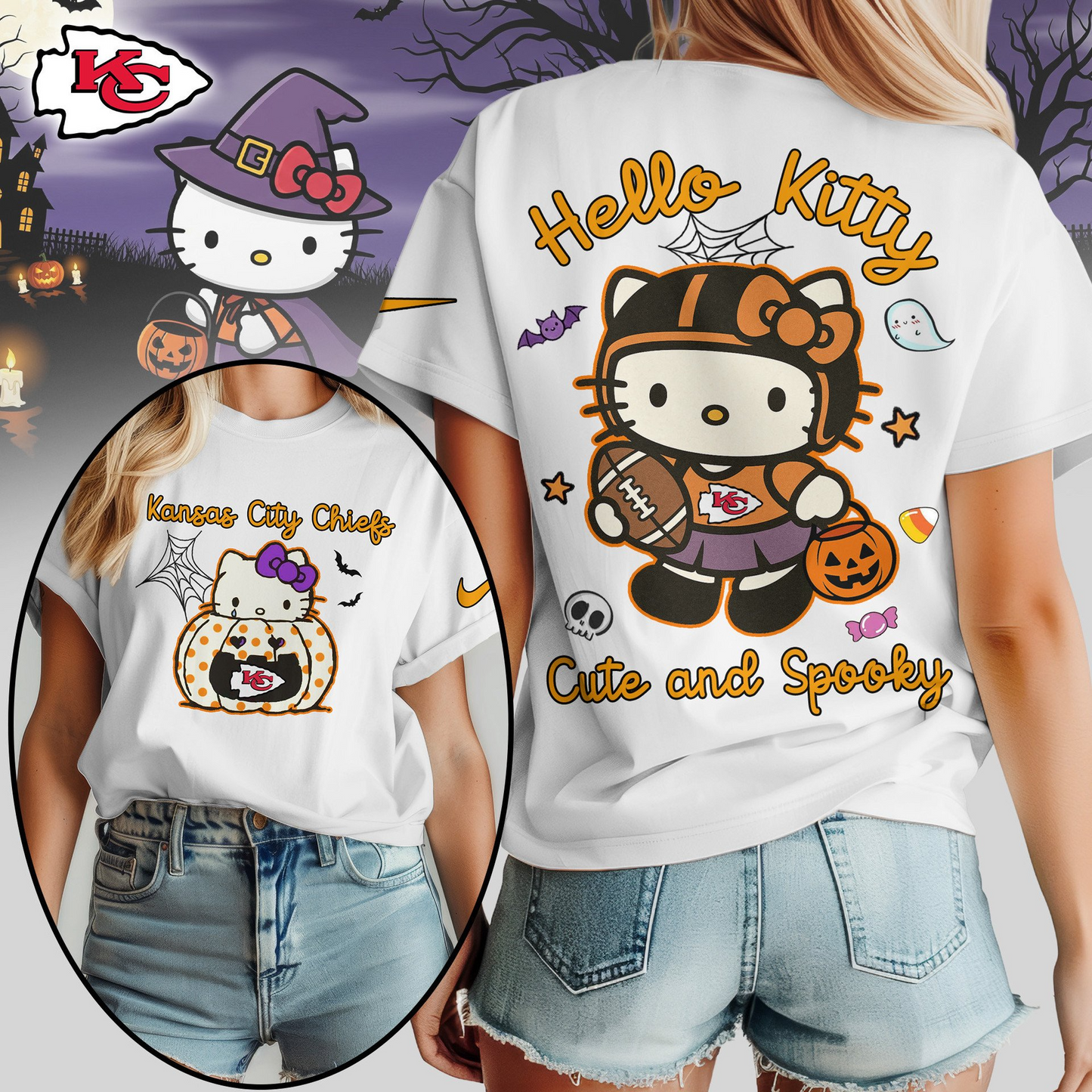 KCC Premium NFL Hello Kitty Cute & Spooky Halloween Women Shirt DDT CTND