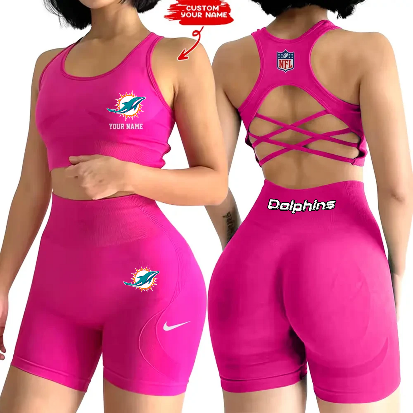 MIA x NFL 2-PCS Women's Seamless Yoga Set Sexy Sport Bra High Waist Sports Shorts DATND TANTD