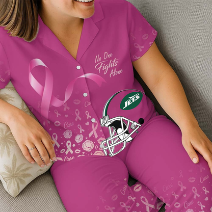 NYJ Premium NFL Breast Cancer October Button Pajamas Set DDT NTL