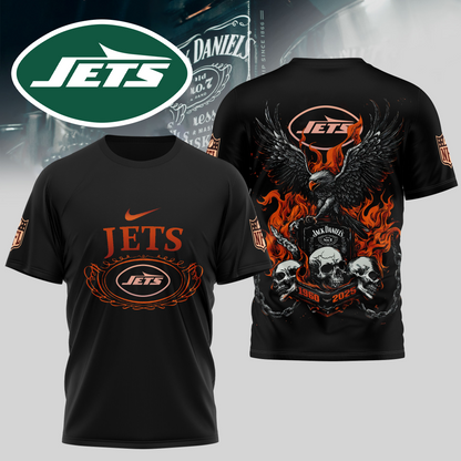 NYJ Premium NFL Flaming Eagle Skull T-Shirt DDT CTND
