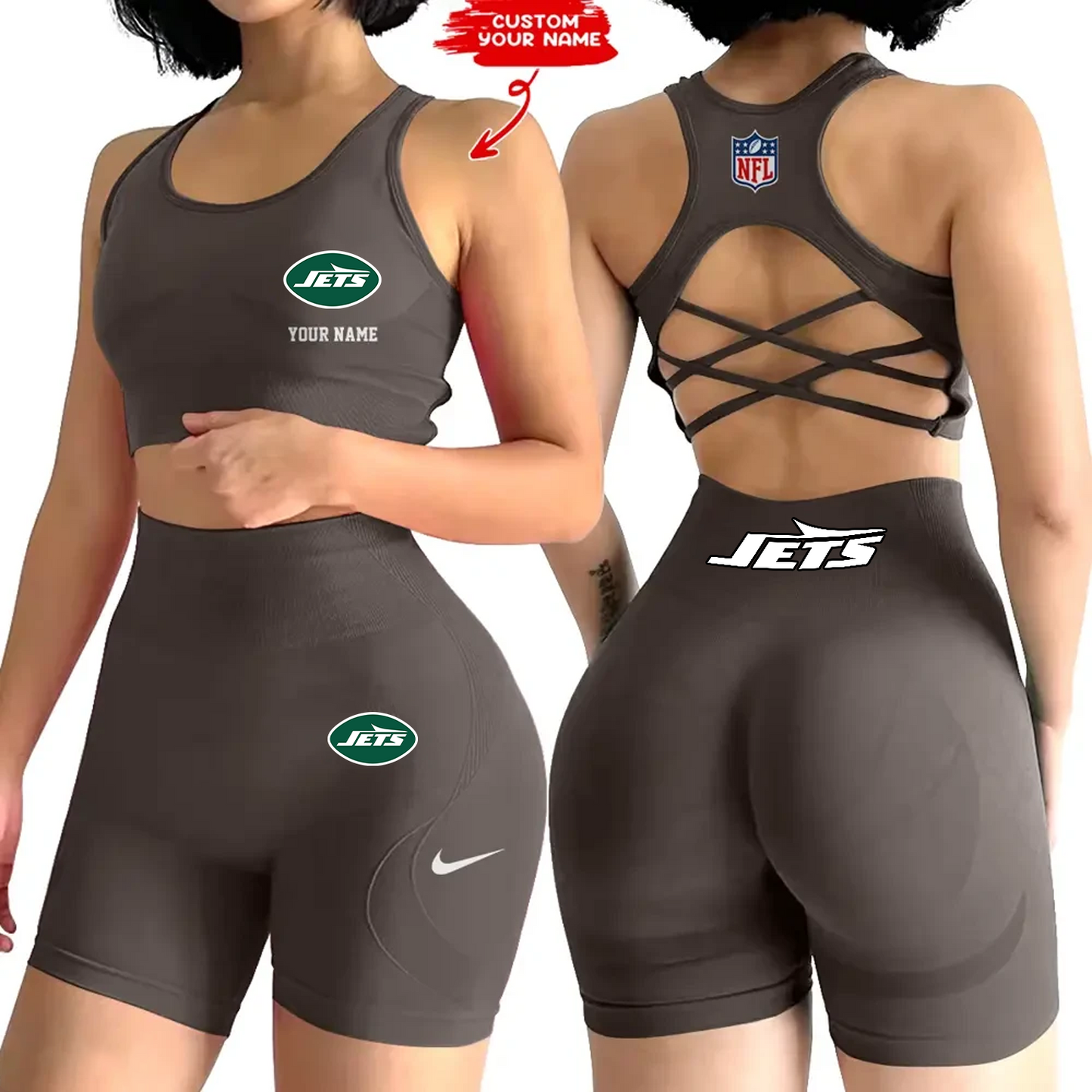NYJ x NFL 2-PCS Women's Seamless Yoga Set Sexy Sport Bra High Waist Sports Shorts DATND TANTD