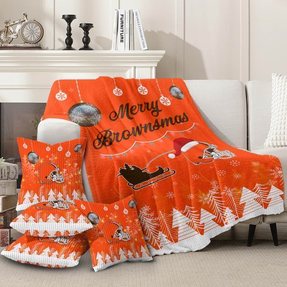 Premium NFL CLE Christmas Fleece Blanket & Throw Pillow Combo V1 NMD NHM