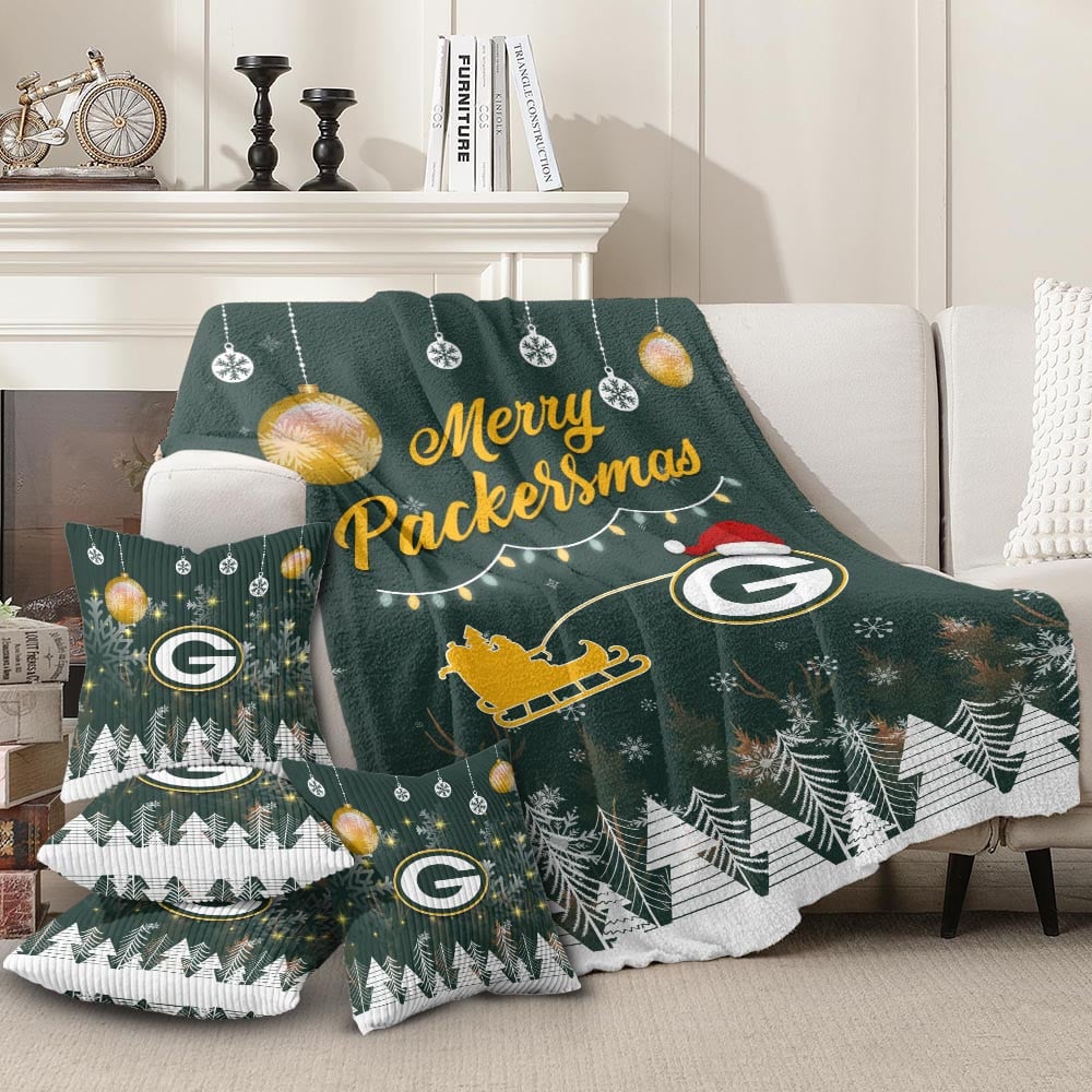 Premium NFL GB Christmas Fleece Blanket & Throw Pillow Combo V1 NMD NHM