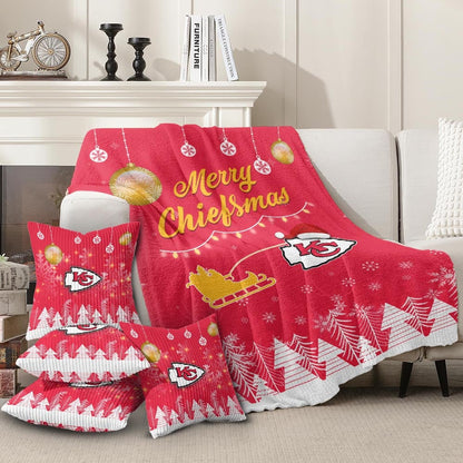 Premium NFL KC Christmas Fleece Blanket & Throw Pillow Combo V1 NMD NHM