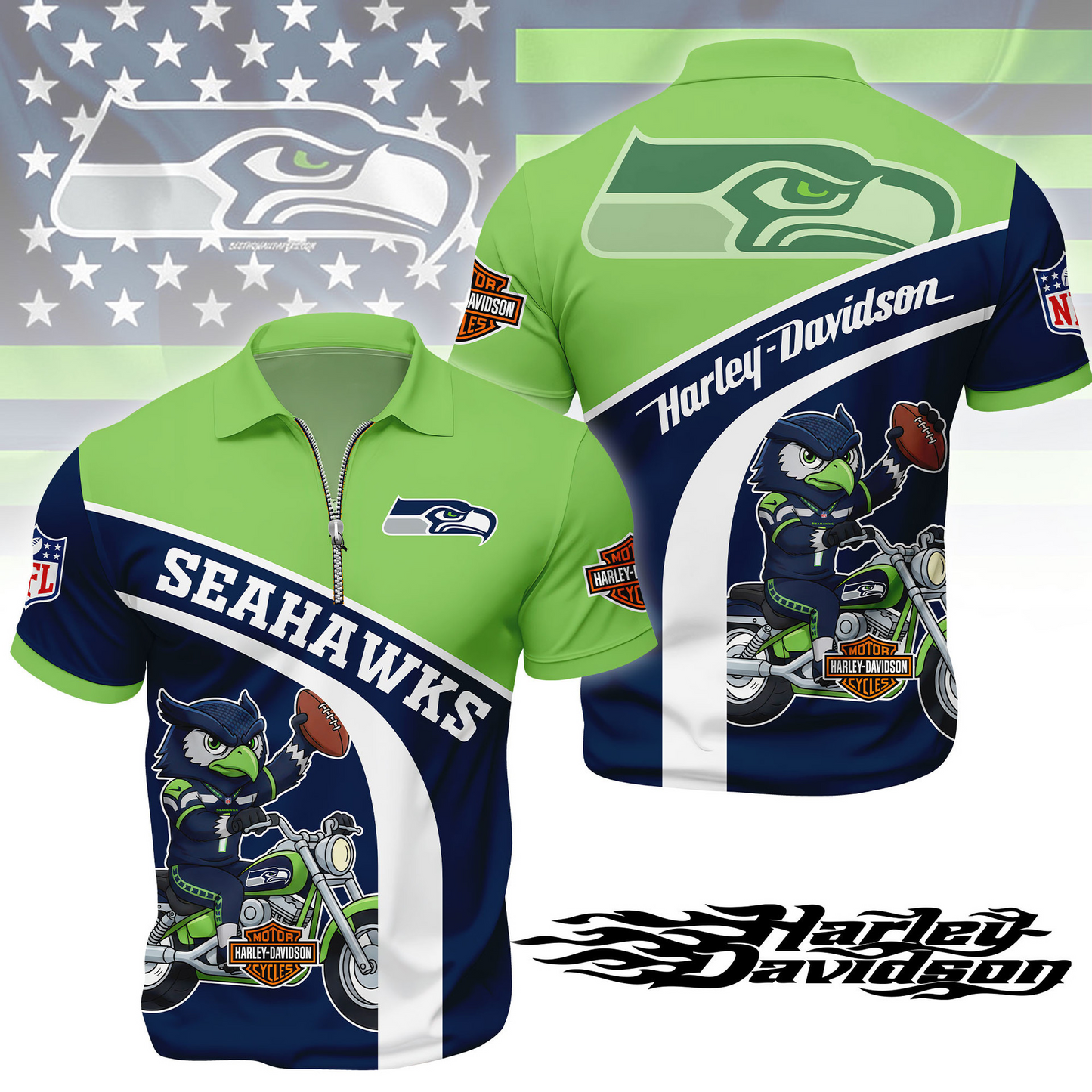 Premium NFL SEA x Harley-Davidson Polo Zipper Shirt V1 NMD TTV