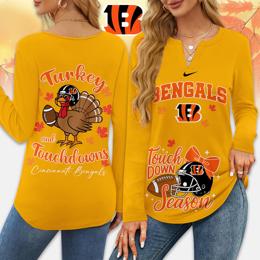 Premium NFL x BEN Turkey and Touchdowns V-neck Long Sleeve Shirt NDT NHM