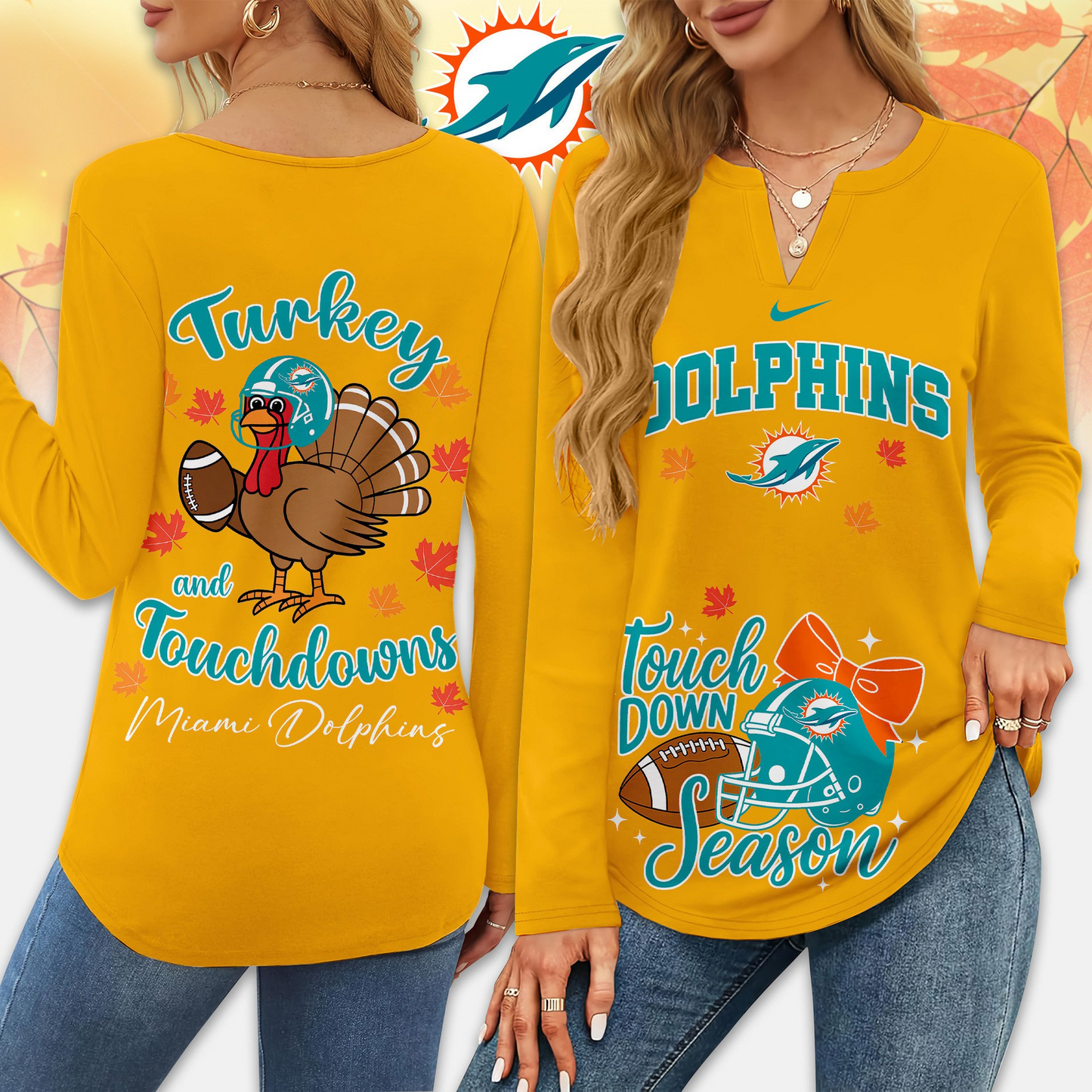 Premium NFL x MIA Turkey and Touchdowns V-neck Long Sleeve Shirt NDT NHM