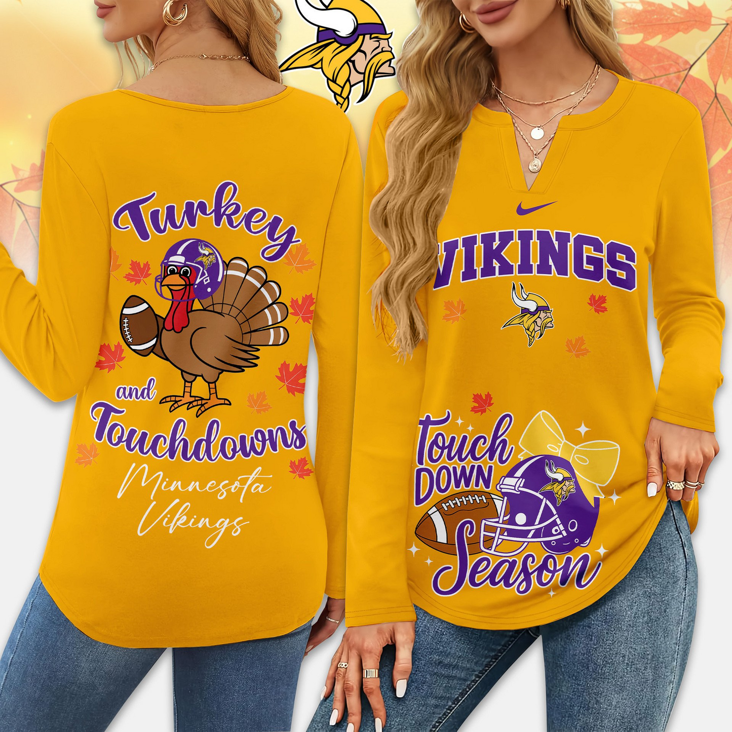 Premium NFL x VIK Turkey and Touchdowns V-neck Long Sleeve Shirt NDT NHM