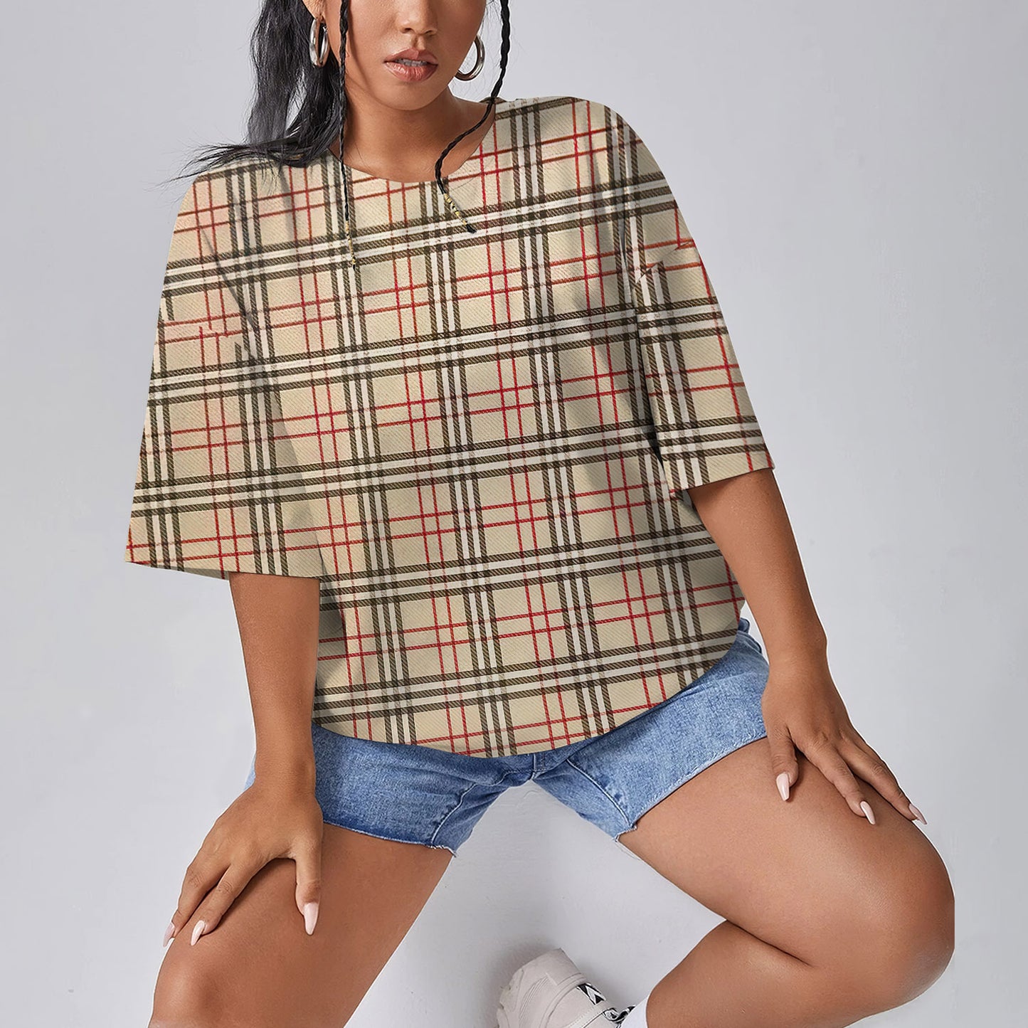 Beige Plaid Tartan Women Oversized T-Shirt | Printed Graphic Tees